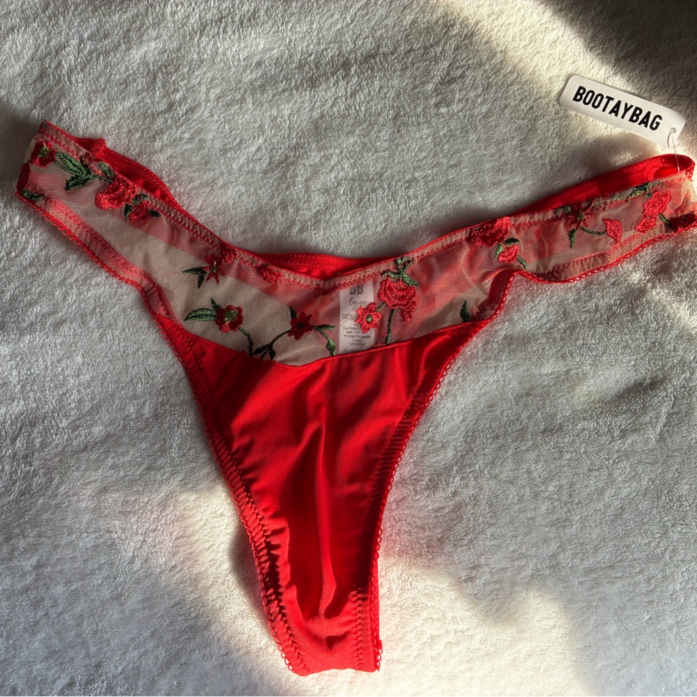 Bootaybag Red Floral Mesh-Trim Thong Panties